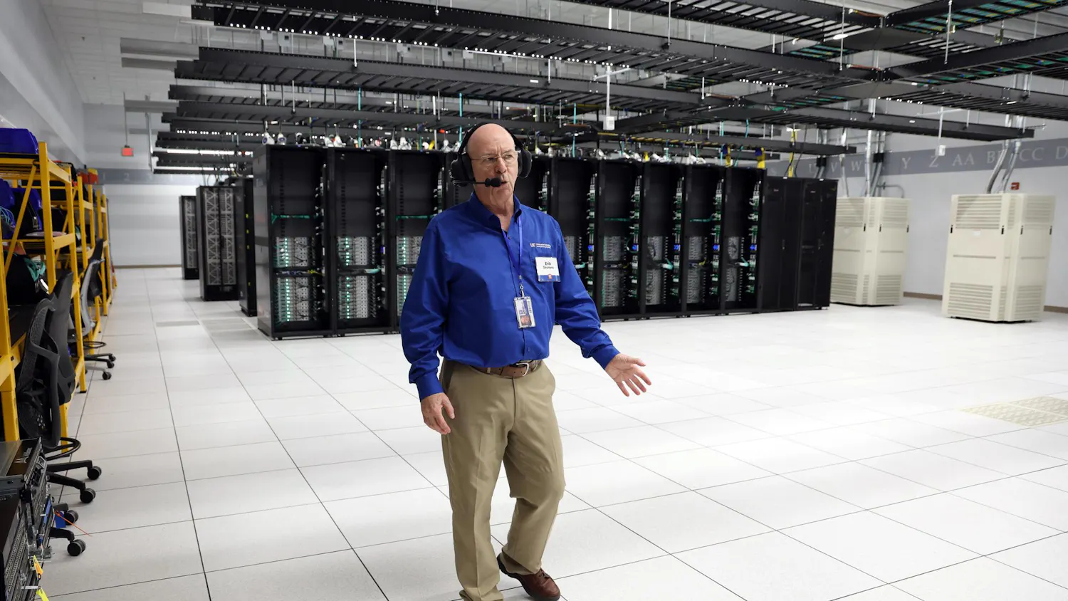 Erik Deumens, director of research computing in UF Information Technology, guides members of the media through “the bunker,” the housing facility for the computers that make up the fourth generation of HiPerGator, the most powerful university-owned supercomputer in the U.S., at UF East Campus on Tuesday, Oct. 14, 2025.