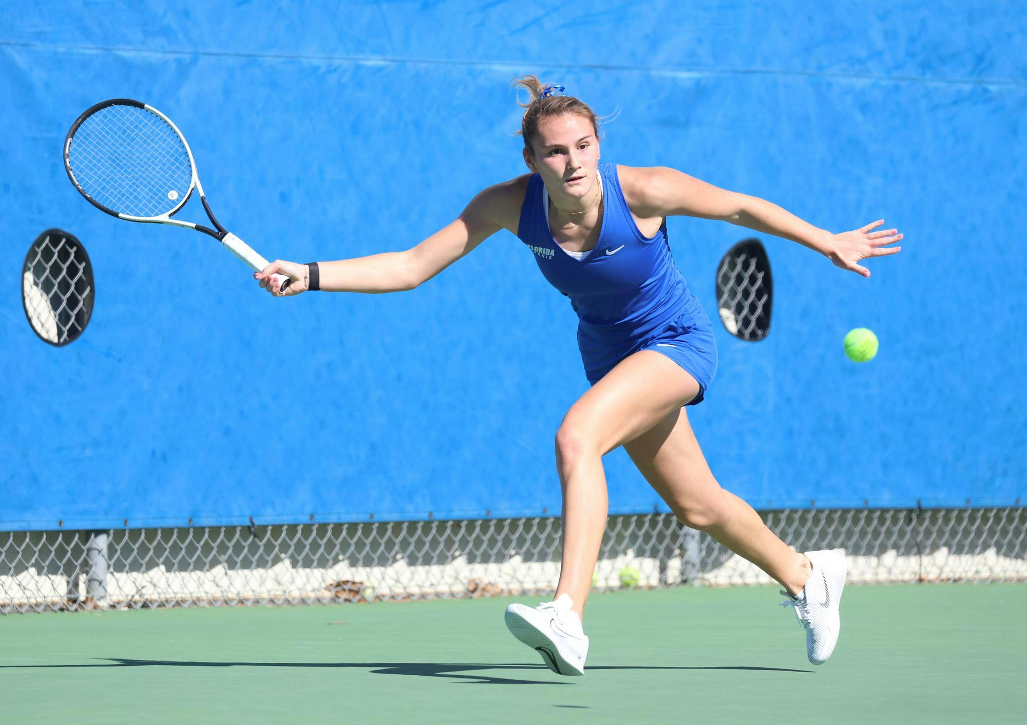 Oliveras swings during the Gators' match against the FIU Panthers on Saturday, January 25, 2025 at Linder Stadium at Ring Tennis Complex in Gainesville, FL / UAA Communications photo by Lorenzo Vasquez