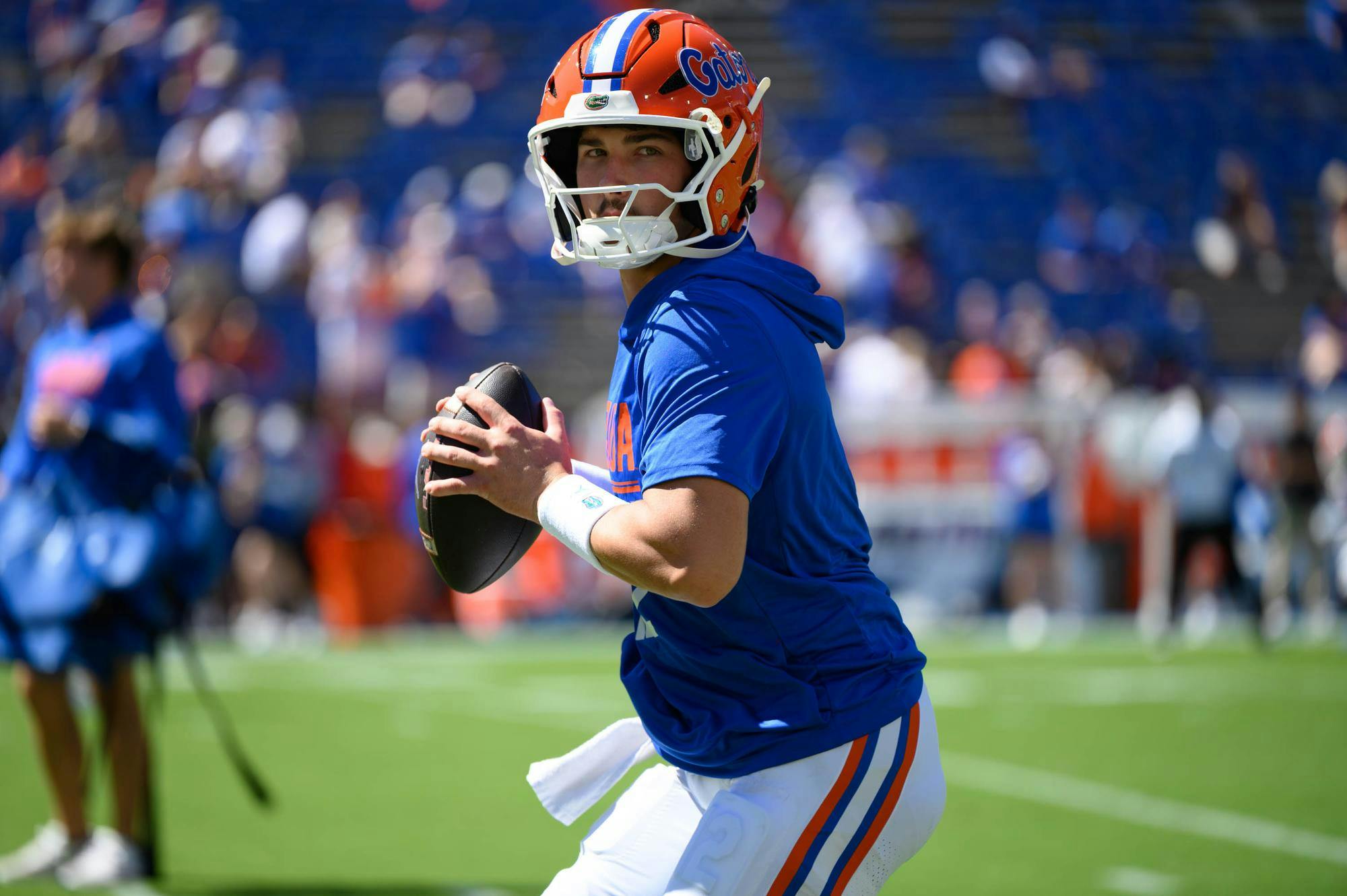 Florida quarterback Aaron Philo (12) warms up before an NCAA college football game against Ole Miss, Saturday, Sept. 26, 2026, in Gainesville, Fla.