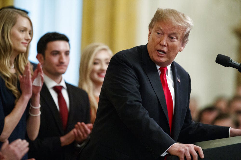 <p>President Donald Trump speaks before signing an executive order on "improving free inquiry, transparency, and accountability on campus" in the East Room of the White House, Thursday, March 21, 2019, in Washington. (AP Photo/Evan Vucci)</p>