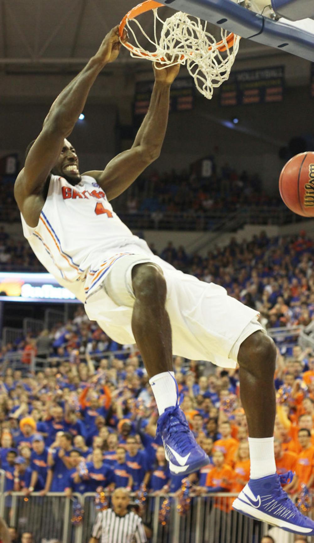 <p>Junior center Patric Young dunks during Florida’s 83-52 victory against Missouri on Jan. 19 in the O’Connell Center. Young scored 14 points in Florida's  71-54 victory against Arkansas on Saturday in the O'Connell Center. </p>