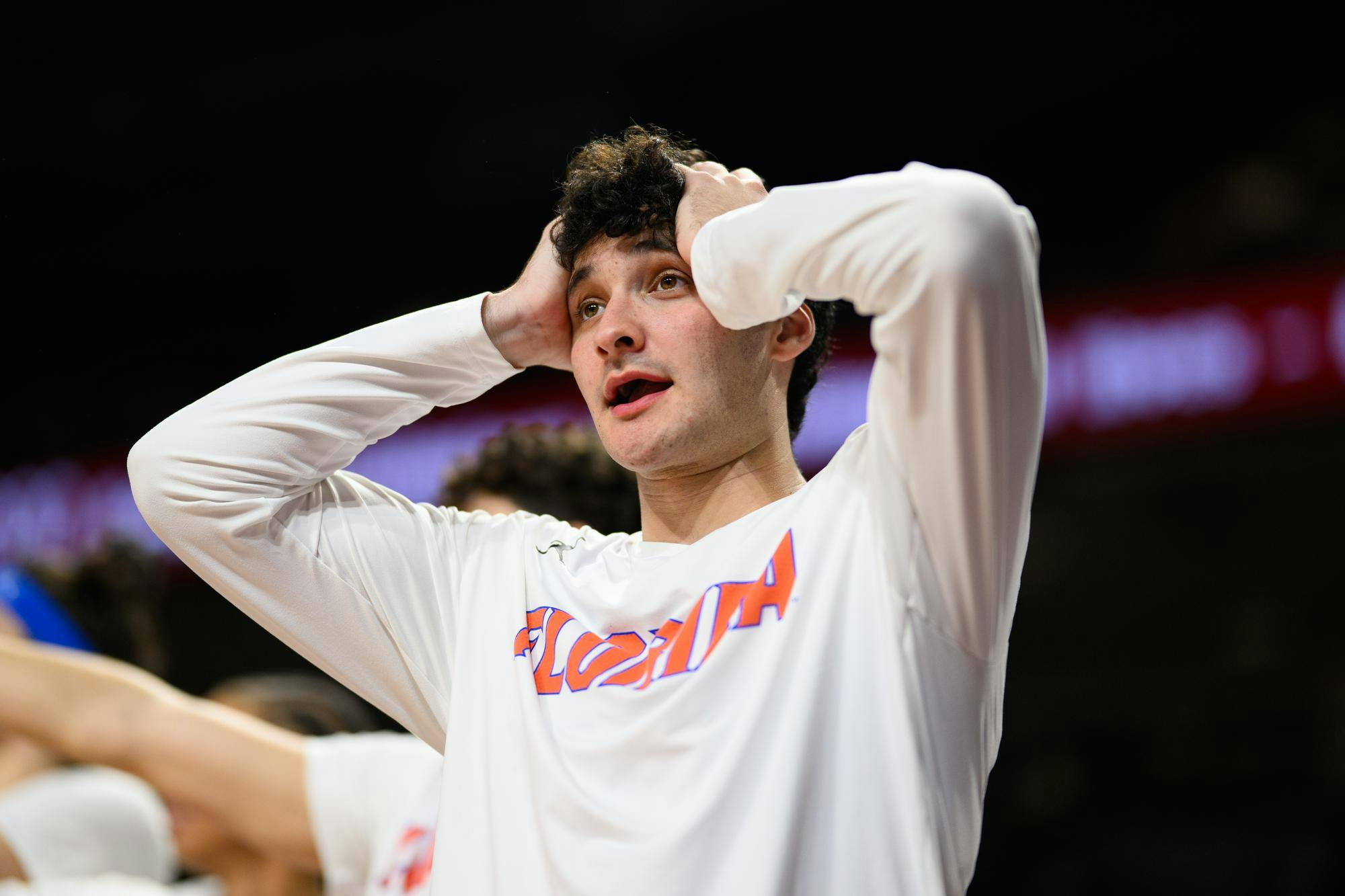 Florida guard Cooper Josefsberg in shock during the second half of an NCAA college basketball game against South Carolina, Wednesday, Jan. 28, 2026, in Columbia, S.C.