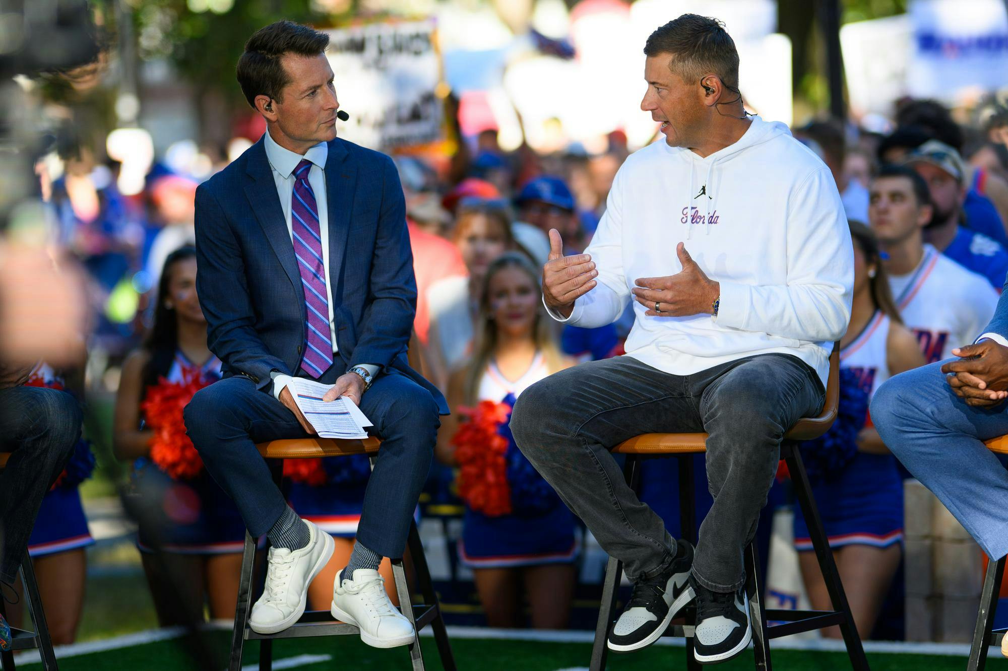 Florida head coach Jon Sumrall (right) talks with ESPN’s Matt Barrie during SEC Nation’s show on Plaza of the Americas before Florida hosts Ole Miss, Saturday, Sept. 26, 2026, in Gainesville, Fla.