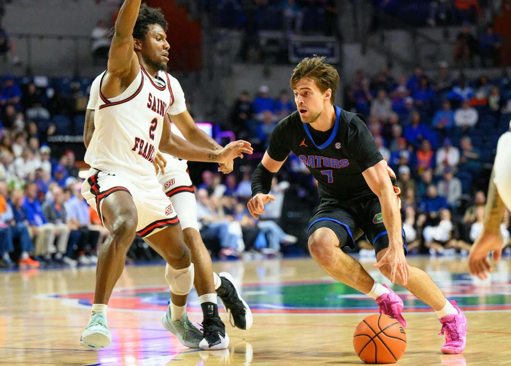 Florida guard Urban Klavzar (7) drives during the first half of an NCAA college basketball game against Saint Francis, Wednesday, Dec. 17, 2025, in Gainesville, Fla.