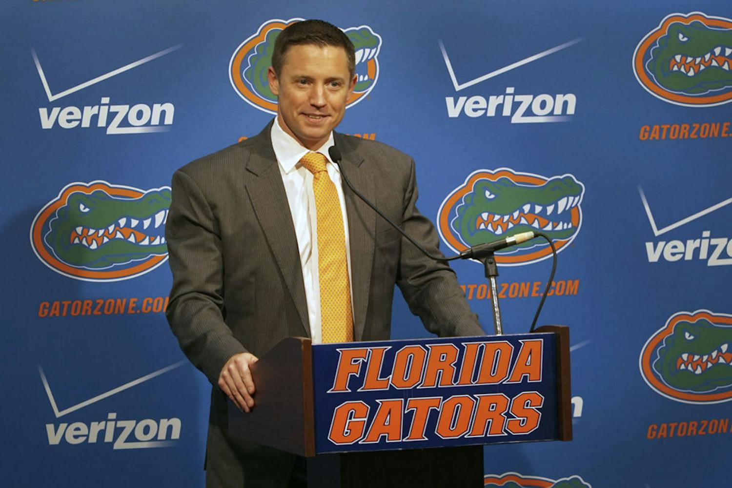 New Florida men's basketball coach Mike White speaks to the media during the team's media day Sept. 29, 2015, at the UF Women's Club.