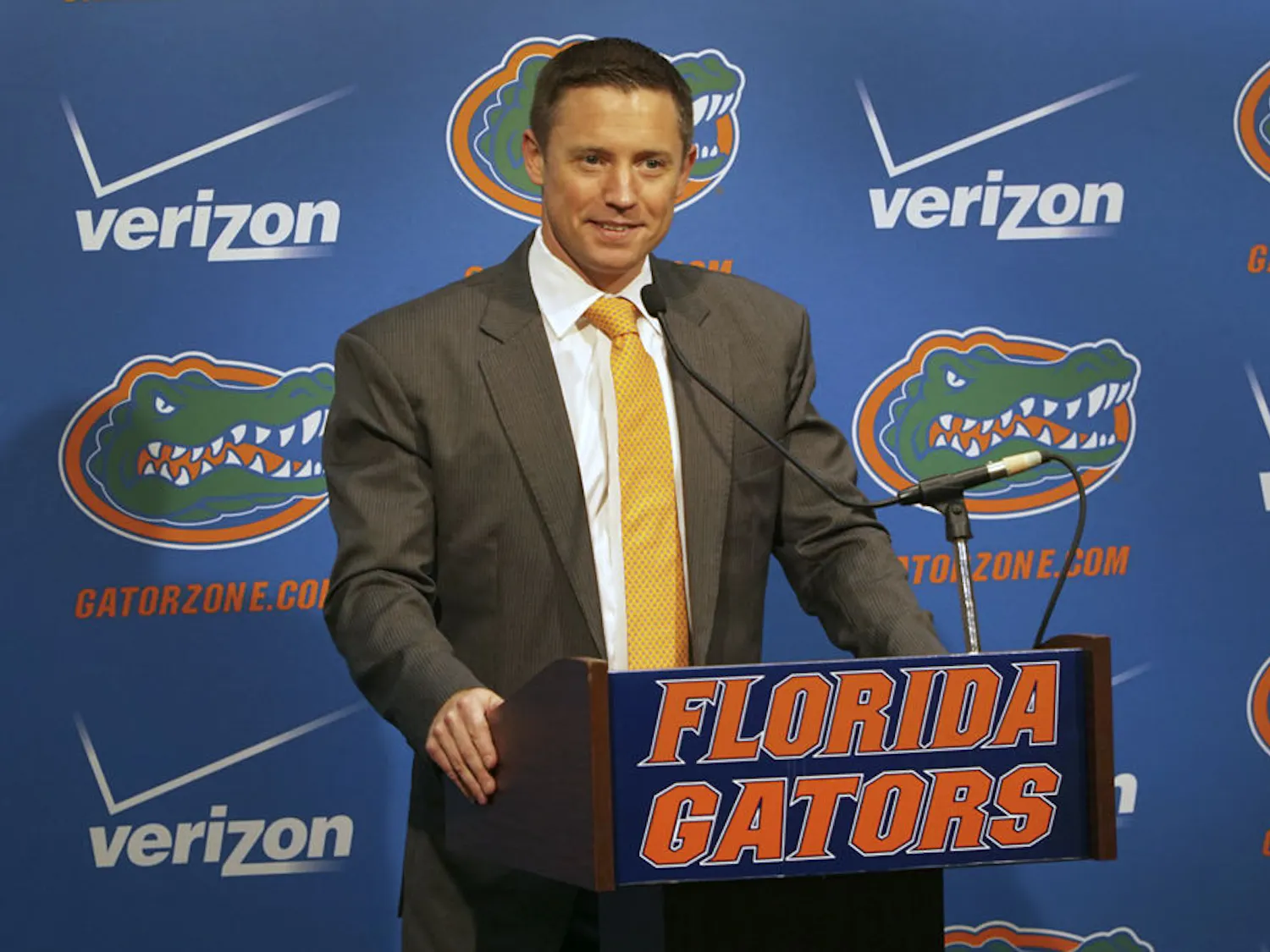 New Florida men's basketball coach Mike White speaks to the media during the team's media day Sept. 29, 2015, at the UF Women's Club.