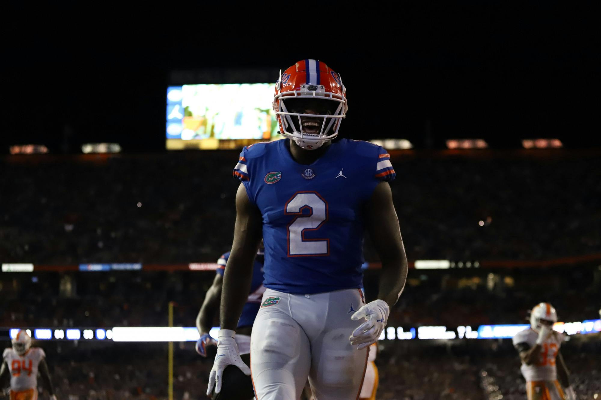 Florida tight end Kemore Gamble lets out a yell after scoring a touchdown on a trick play in the Gators' game against Tennessee on Sept. 25, 2021.