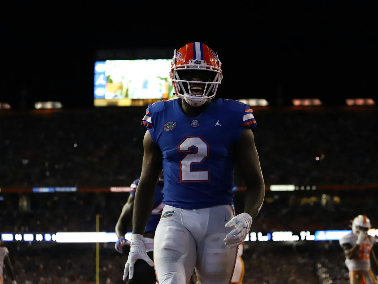 Florida tight end Kemore Gamble lets out a yell after scoring a touchdown on a trick play in the Gators' game against Tennessee on Sept. 25, 2021.