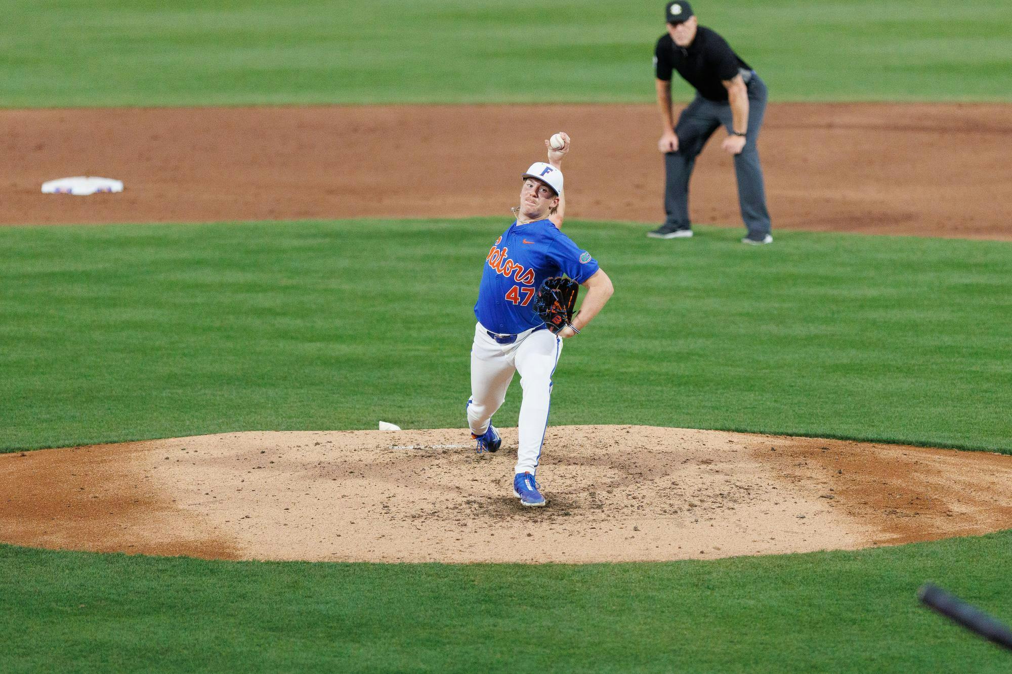 Florida right-handed pitcher Aidan King (47) pitches during an NCAA baseball game against Kennesaw State Saturday, Feb. 21, 2026, in Gainesville, Fla.