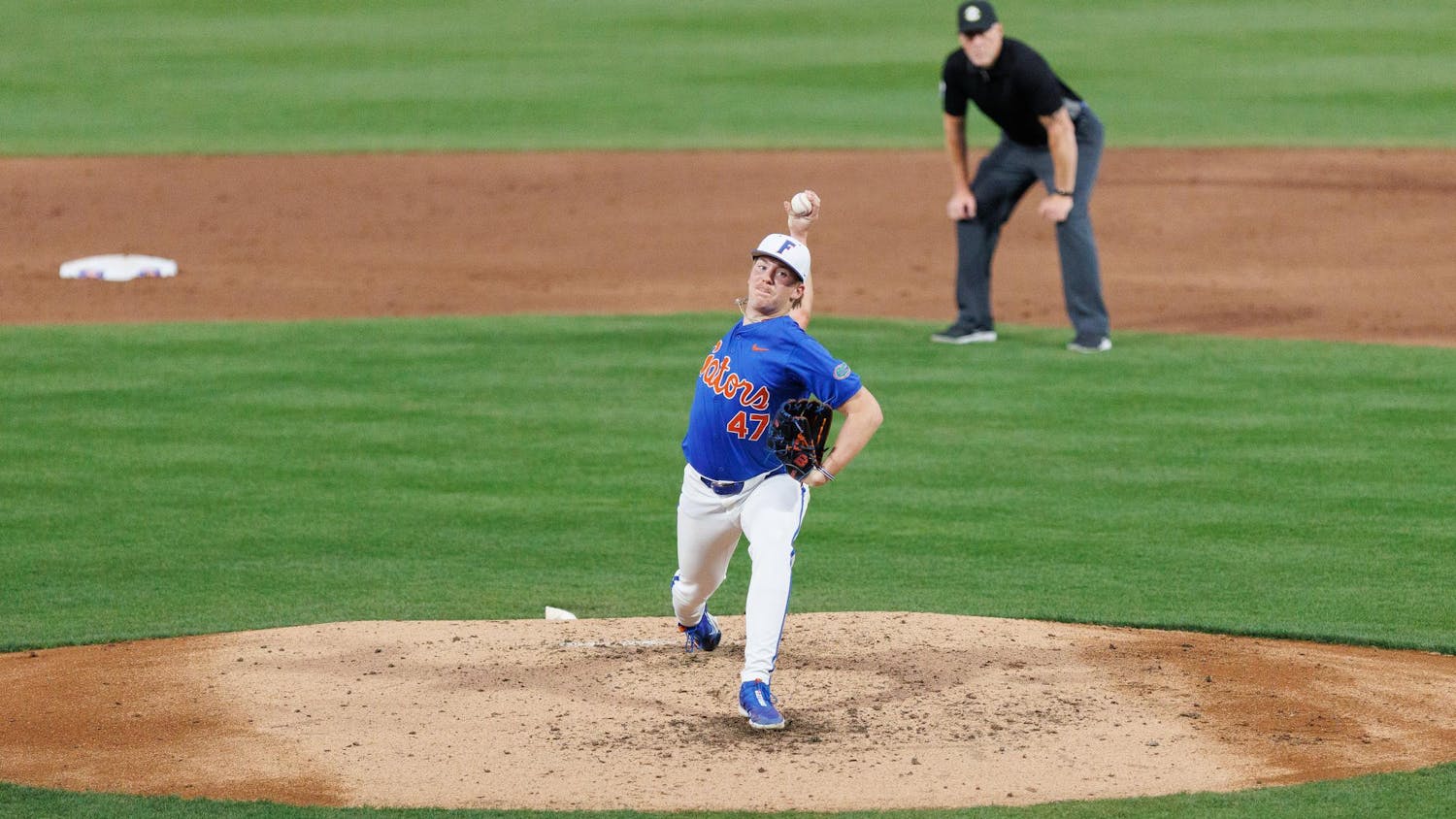 Florida right-handed pitcher Aidan King (47) pitches during an NCAA baseball game against Kennesaw State Saturday, Feb. 21, 2026, in Gainesville, Fla.
