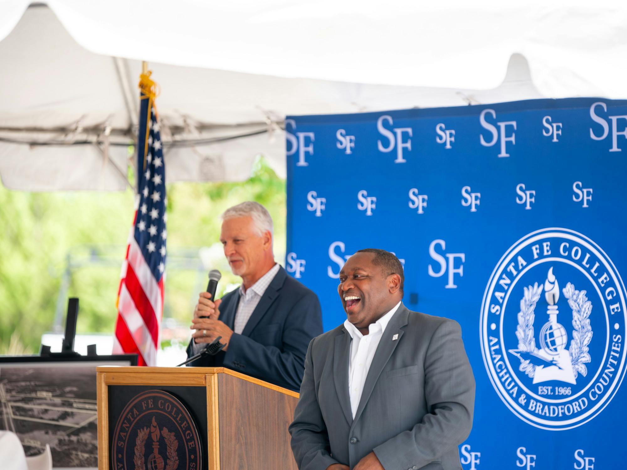 Santa Fe College President Paul Broadie II stands next to Sen. Keith Perry at the groundbreaking ceremony Monday, Sept. 11, 2023.