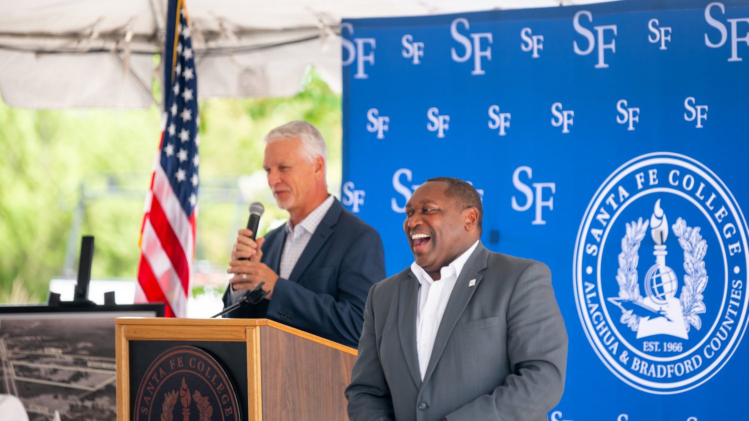 Santa Fe College President Paul Broadie II stands next to Sen. Keith Perry at the groundbreaking ceremony Monday, Sept. 11, 2023.