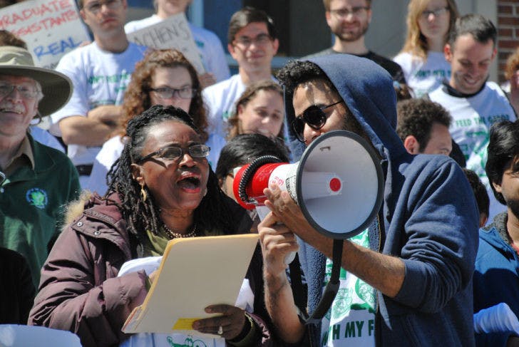 Gwendolyn Zoharah Simmons, a UF assistant professor and activist, supports Graduate Assistants United at the rally against tuition fees on Thursday at Tigert Hall.