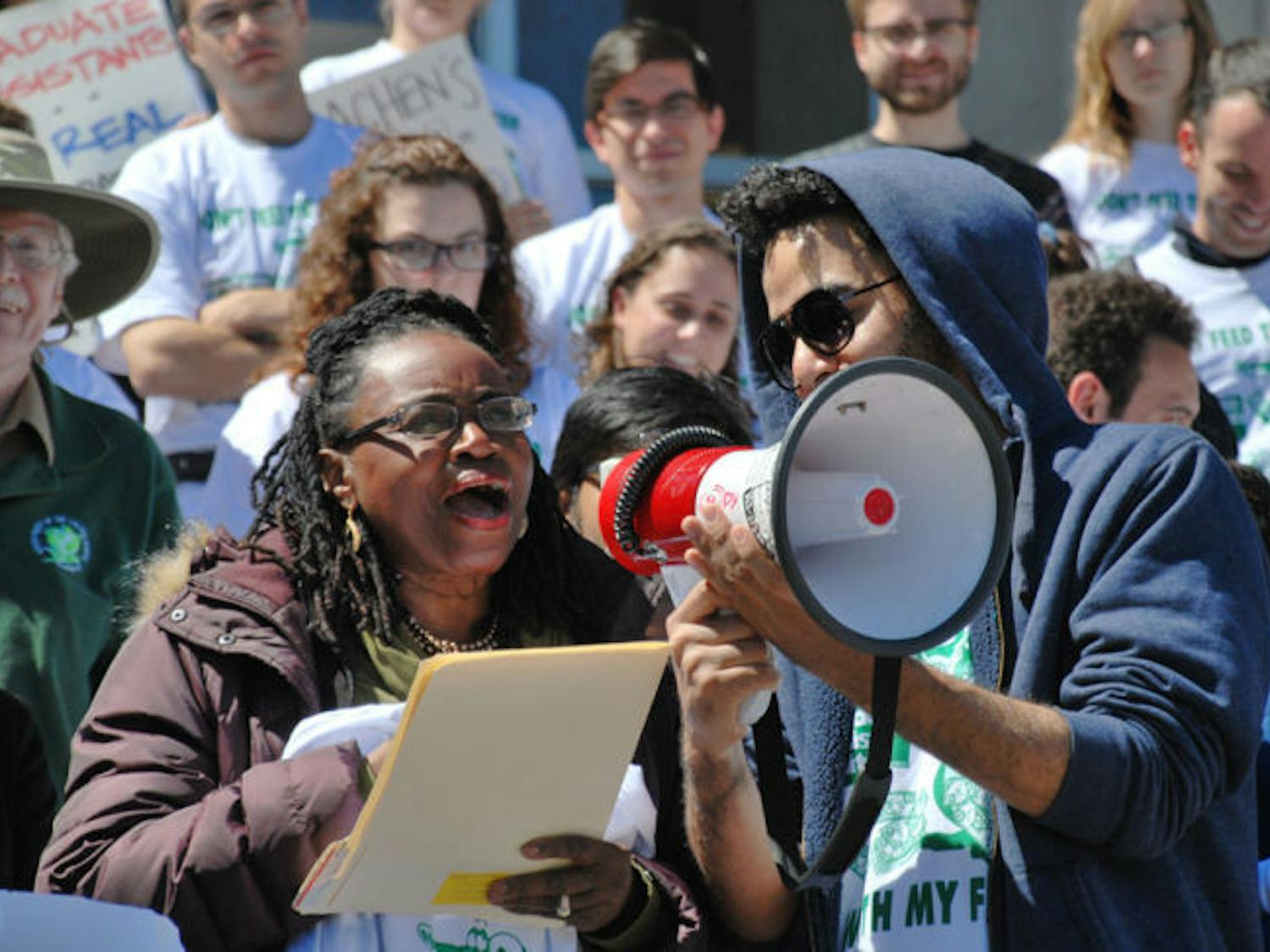 Gwendolyn Zoharah Simmons, a UF assistant professor and activist, supports Graduate Assistants United at the rally against tuition fees on Thursday at Tigert Hall.