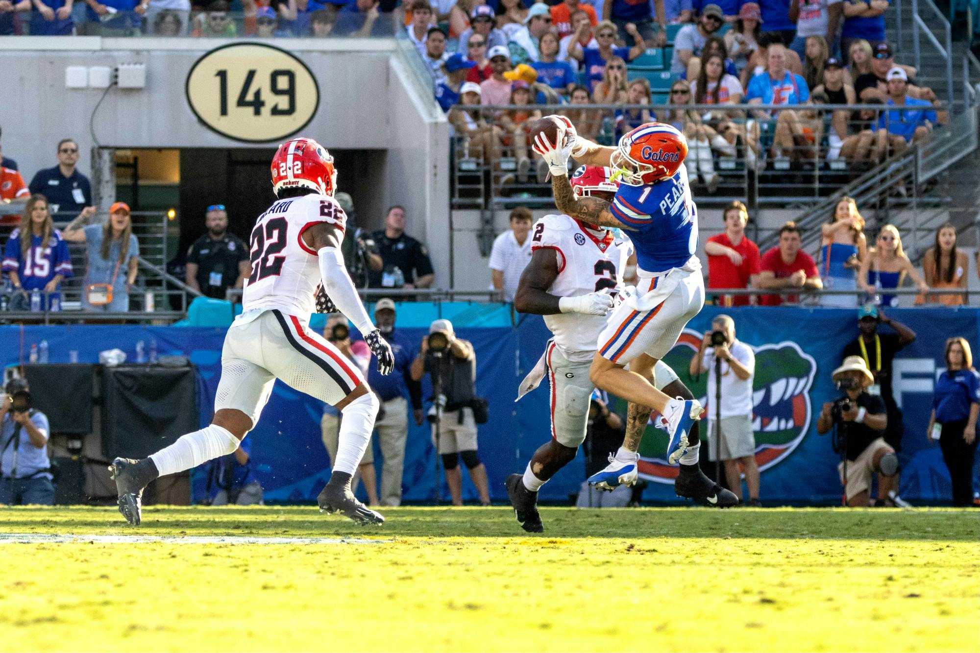 Senior wide receiver Ricky Pearsall catches the ball in the Gators' loss to the Georgia Bulldogs in Jacksonville, Florida, on Saturday, Oct. 28, 2023. 