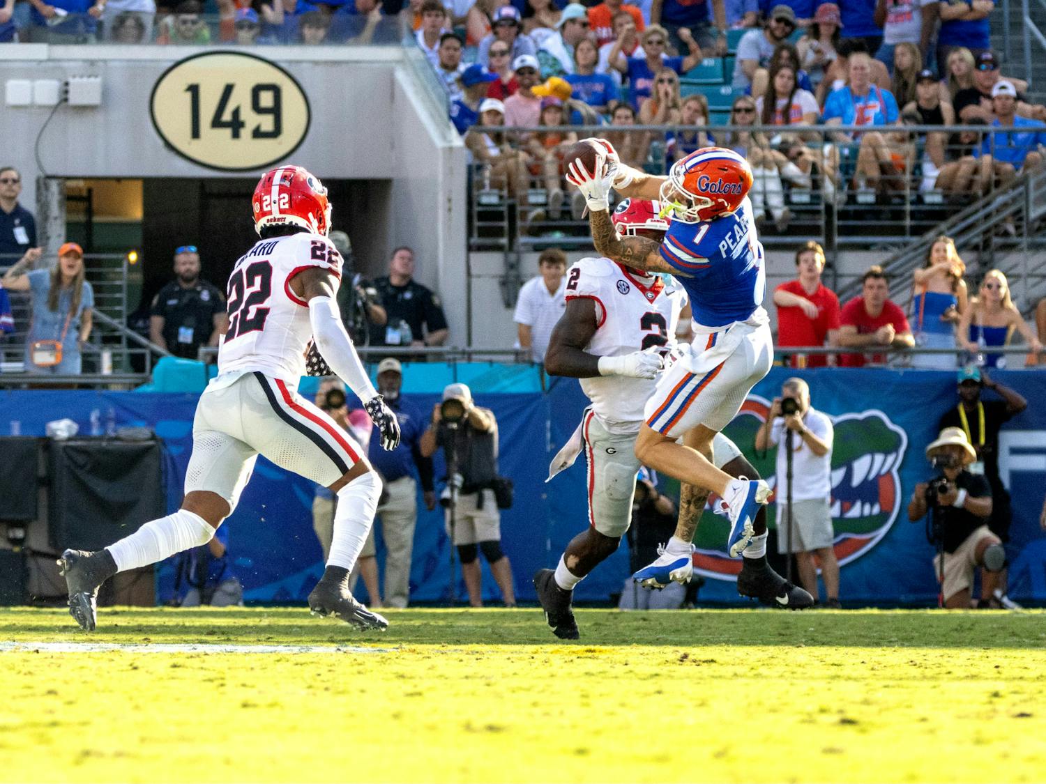 Senior wide receiver Ricky Pearsall catches the ball in the Gators' loss to the Georgia Bulldogs in Jacksonville, Florida, on Saturday, Oct. 28, 2023.