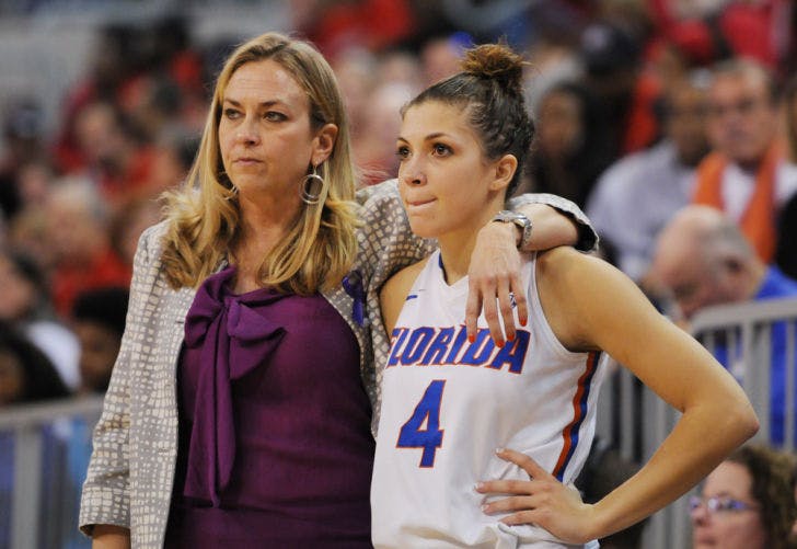 Coach Amanda Butler and guard Carlie Needles stand on the sideline during Florida’s 68-62 loss to Georgia on Sunday in the O’Connell Center. Needles scored six points on two three-point shots in Florida’s 89-69 loss to Tennessee on Thursday at Thompson-Boling Arena in Knoxville, Tenn.