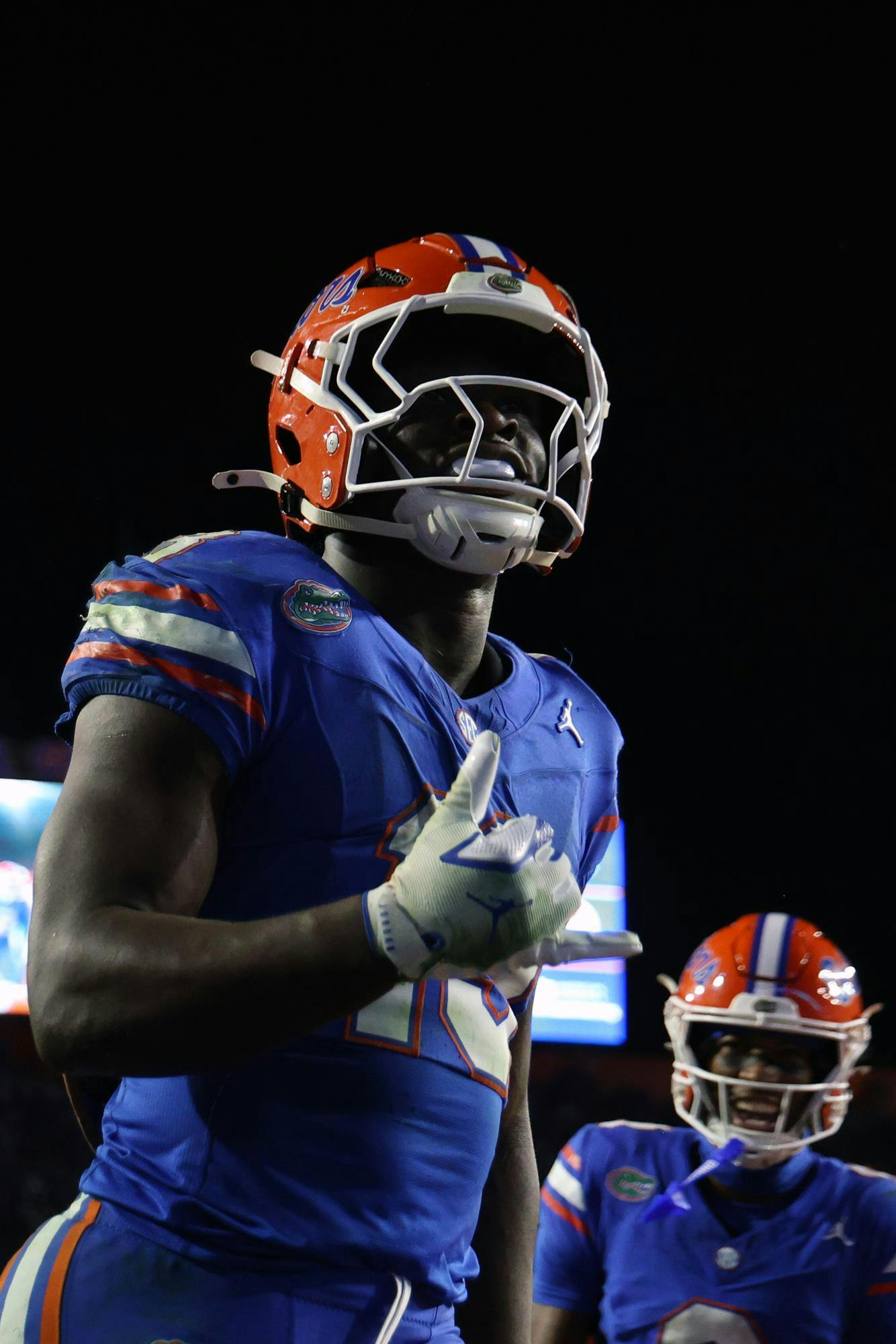 UF running back Jadan Baugh (13) celebrates after making a touchdown during the Gator's rivalry game against FSU at the Ben Hill Griffin Stadium on Saturday, Nov. 29, 2025.