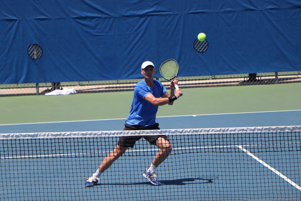 Florida's Sam Riffice prepares to return a ball against South Florida on May 9. Riffice defeated South Carolina's Daniel Rodrigues 3-6, 6-1, 6-4 to win the individual singles national championship Friday afternoon.