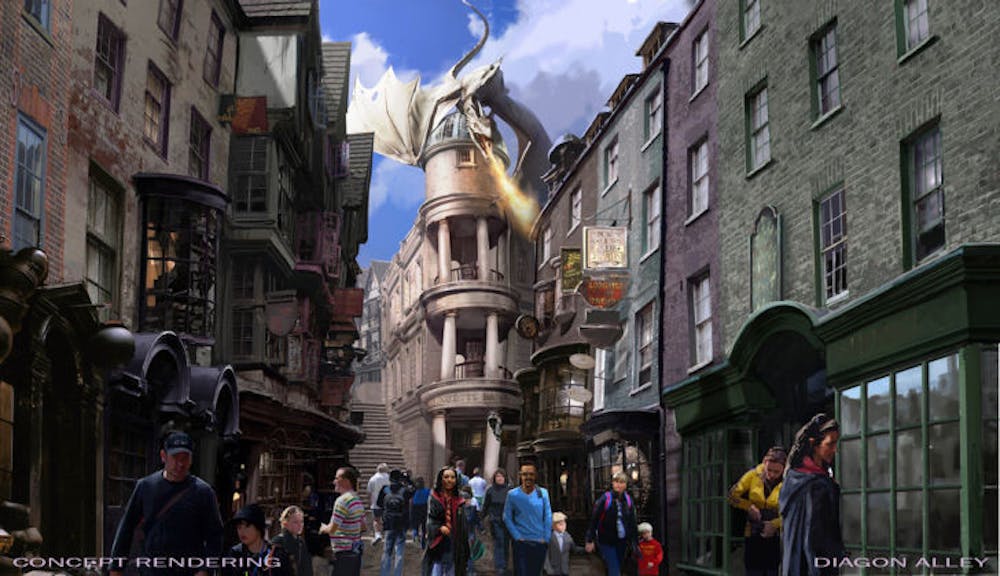 <p class="p1"><span class="s1">Universal Orlando renderings show the Wizarding World of Harry Potter — Diagon Alley, which is scheduled to open this summer. The new section of the park will be connected via the Hogwarts Express train.</span></p>