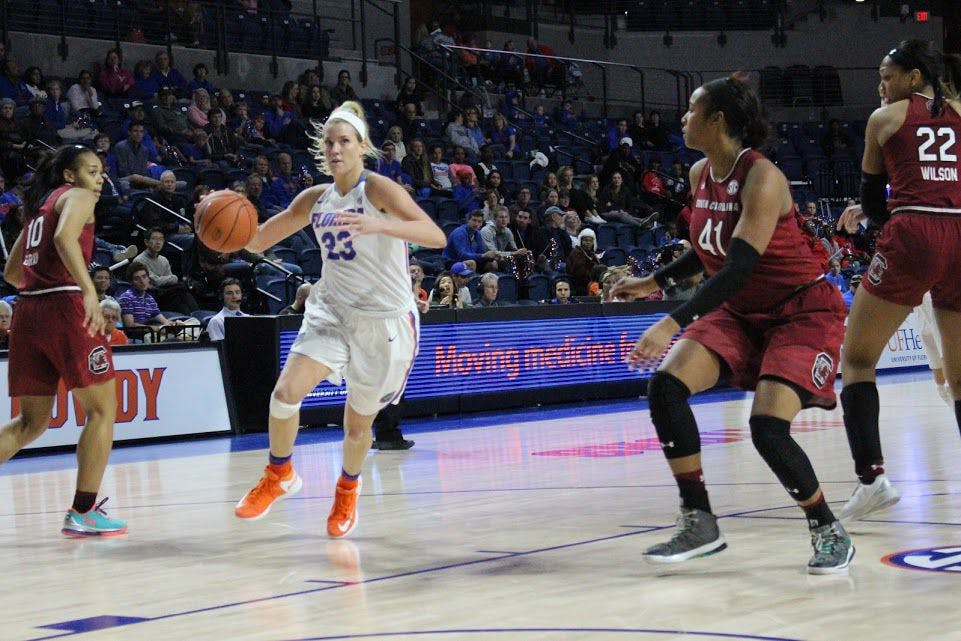 UF forward Brooke Copeland dribbles during Florida's 81-62 loss to South Carolina on Jan. 8, 2017, in the O'Connell Center.&nbsp;