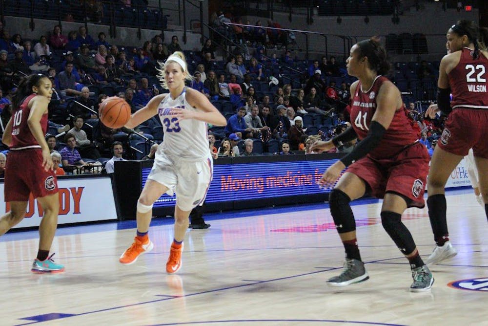 <p>UF forward Brooke Copeland dribbles during Florida's 81-62 loss to South Carolina on Jan. 8, 2017, in the O'Connell Center.&nbsp;</p>