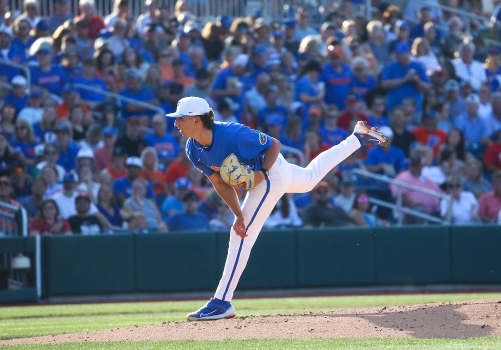 Florida starting pitcher Brandon Sproat delivers a pitch during the Gators' 5-4 loss to Texas Tech Saturday, June 3, 2023.