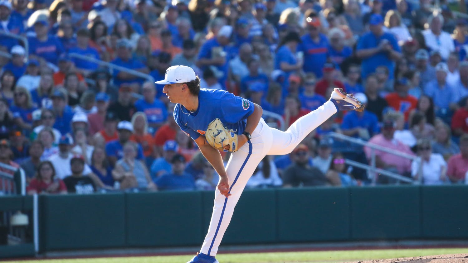 Florida starting pitcher Brandon Sproat delivers a pitch during the Gators' 5-4 loss to Texas Tech Saturday, June 3, 2023.