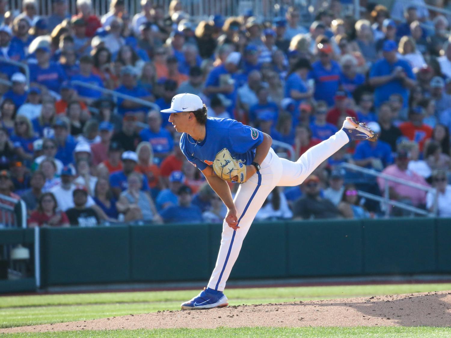 Florida starting pitcher Brandon Sproat delivers a pitch during the Gators' 5-4 loss to Texas Tech Saturday, June 3, 2023.