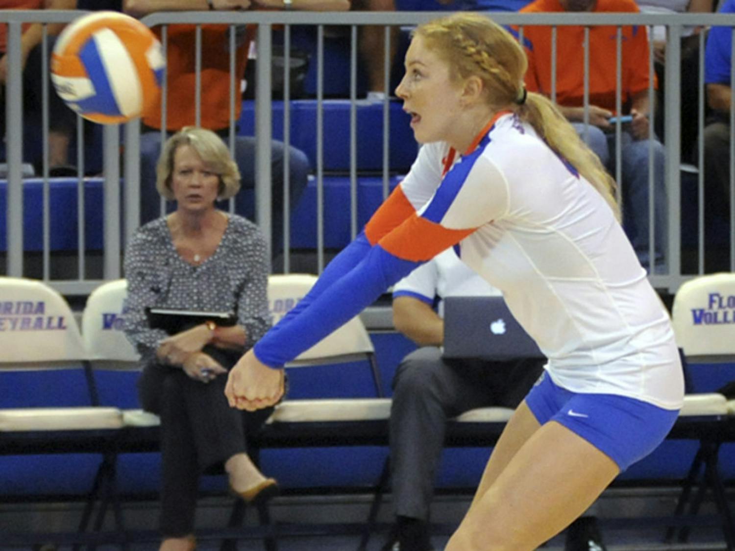 UF outside hitter Carli Snyder passes a ball during Florida's 3-0 win against Texas A&M on Oct. 9, 2015, in the O'Connell Center.