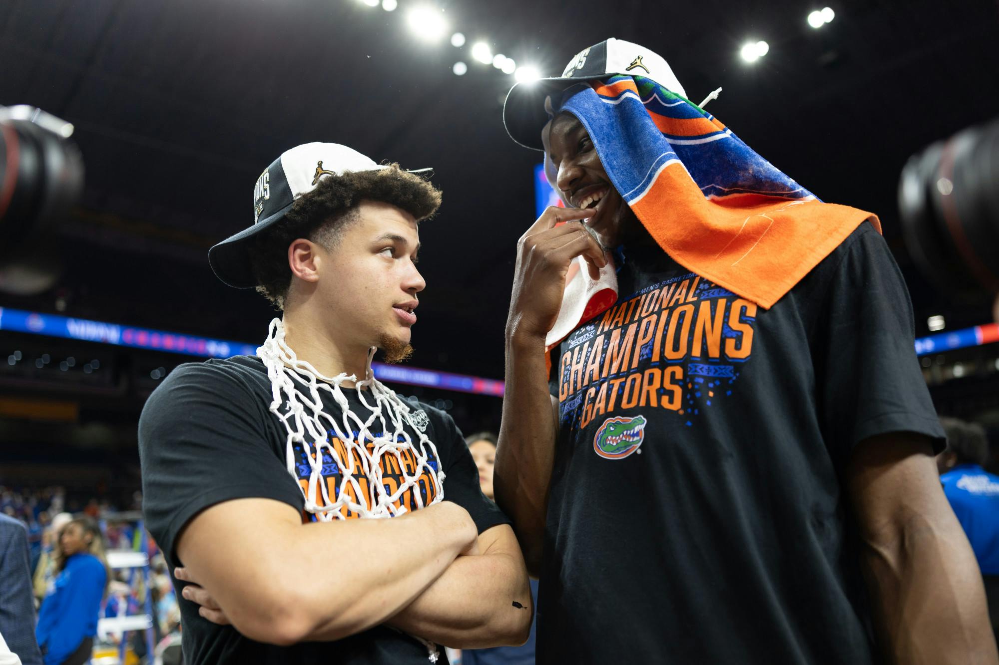 Florida Gators guard Walter Clayton Jr. (1) and center Rueben Chinyelu (9) talk after winning the National Championship against the Houston Cougars in the NCAA Tournament on Monday, April 7, 2025, in San Antonio, Texas.
