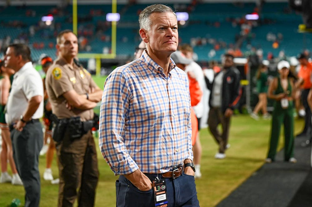 <p>Florida Gators athletics director Scott Stricklin walks off the field after a loss in a football game between the Miami Hurricanes and the Florida Gators on Sept. 20, 2025, at Hard Rock Stadium in Miami Gardens, Fla.</p>
