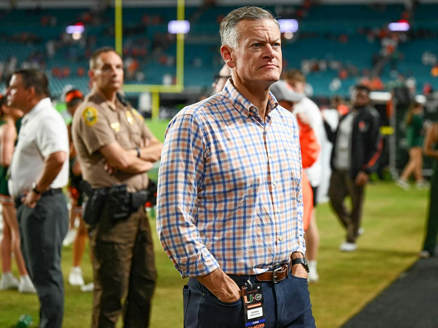 Florida Gators athletics director Scott Stricklin walks off the field after a loss in a football game between the Miami Hurricanes and the Florida Gators on Sept. 20, 2025, at Hard Rock Stadium in Miami Gardens, Fla.