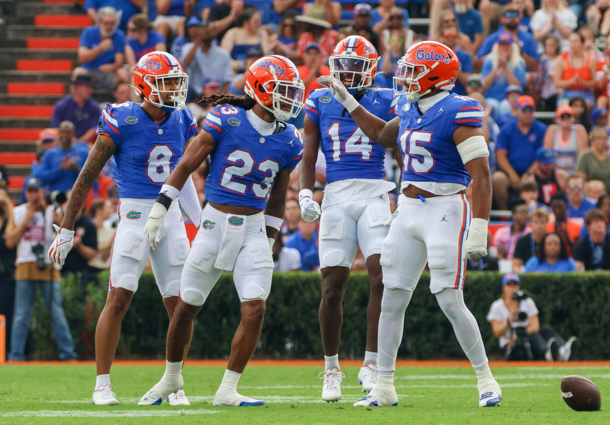 Redshirt junior cornerback Jaydon Hill celebrates with his teammates in the Gators' 38-14 win against the Vanderbilt Commodores on Saturday, Oct. 7, 2023.