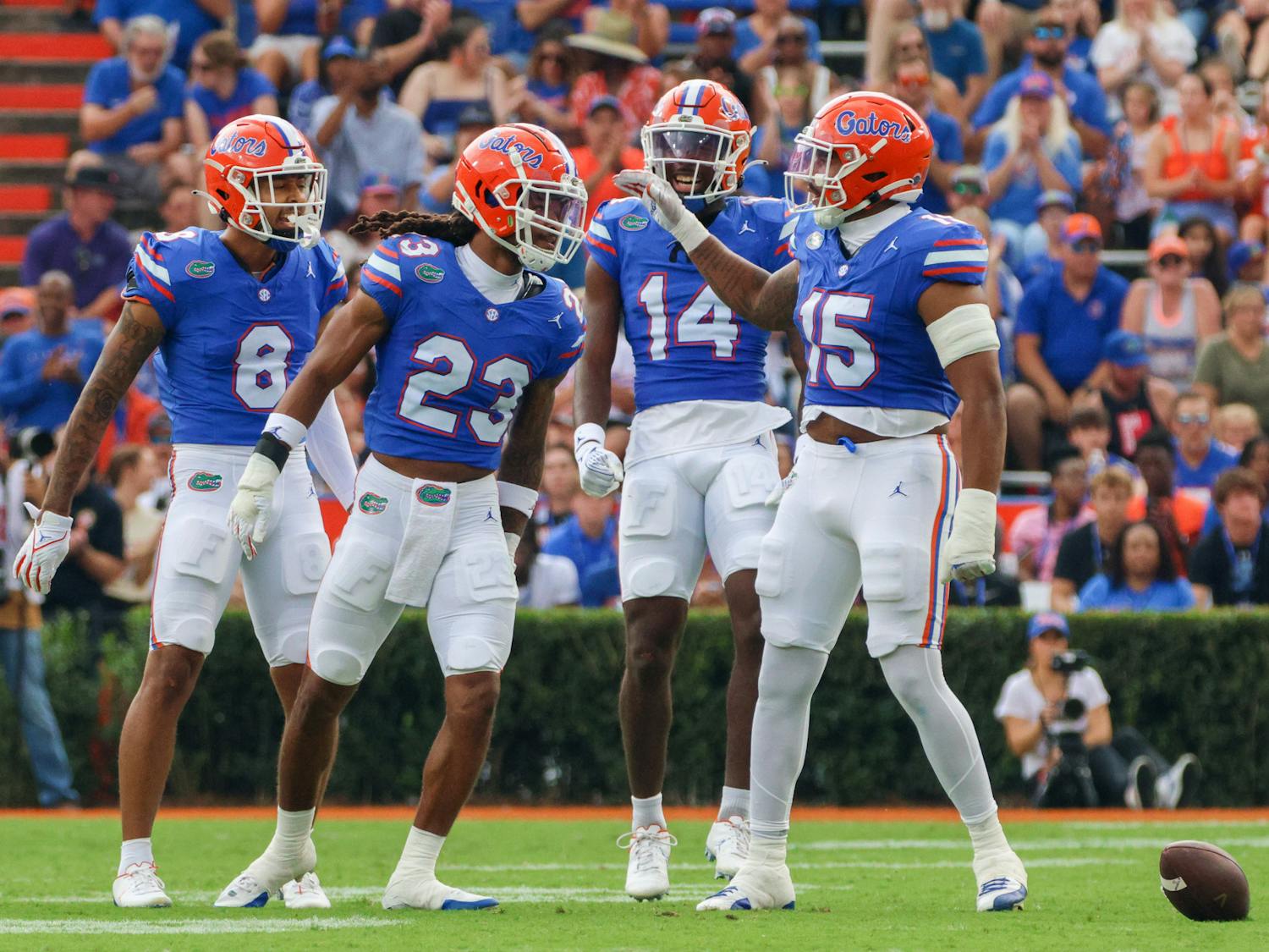 Redshirt junior cornerback Jaydon Hill celebrates with his teammates in the Gators' 38-14 win against the Vanderbilt Commodores on Saturday, Oct. 7, 2023.