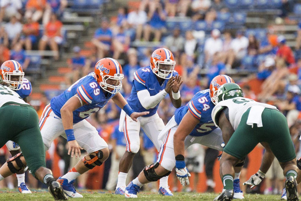 <p>Treon Harris calls for a snap during Florida's 65-0 win against Eastern Michigan at Ben Hill Griffin Stadium.</p>