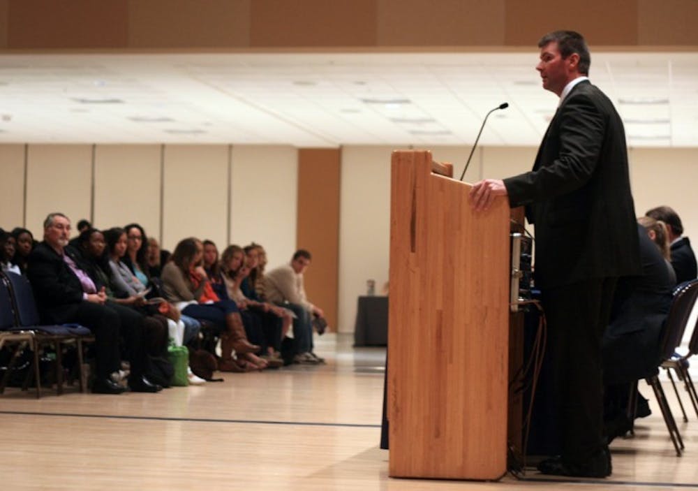 <p>Tyson Elliot, state human trafficking coordinator for the Florida Department of Children and Families, speaks Thursday night as part of Justice Week 2012. Read the story at alligator.org.</p>