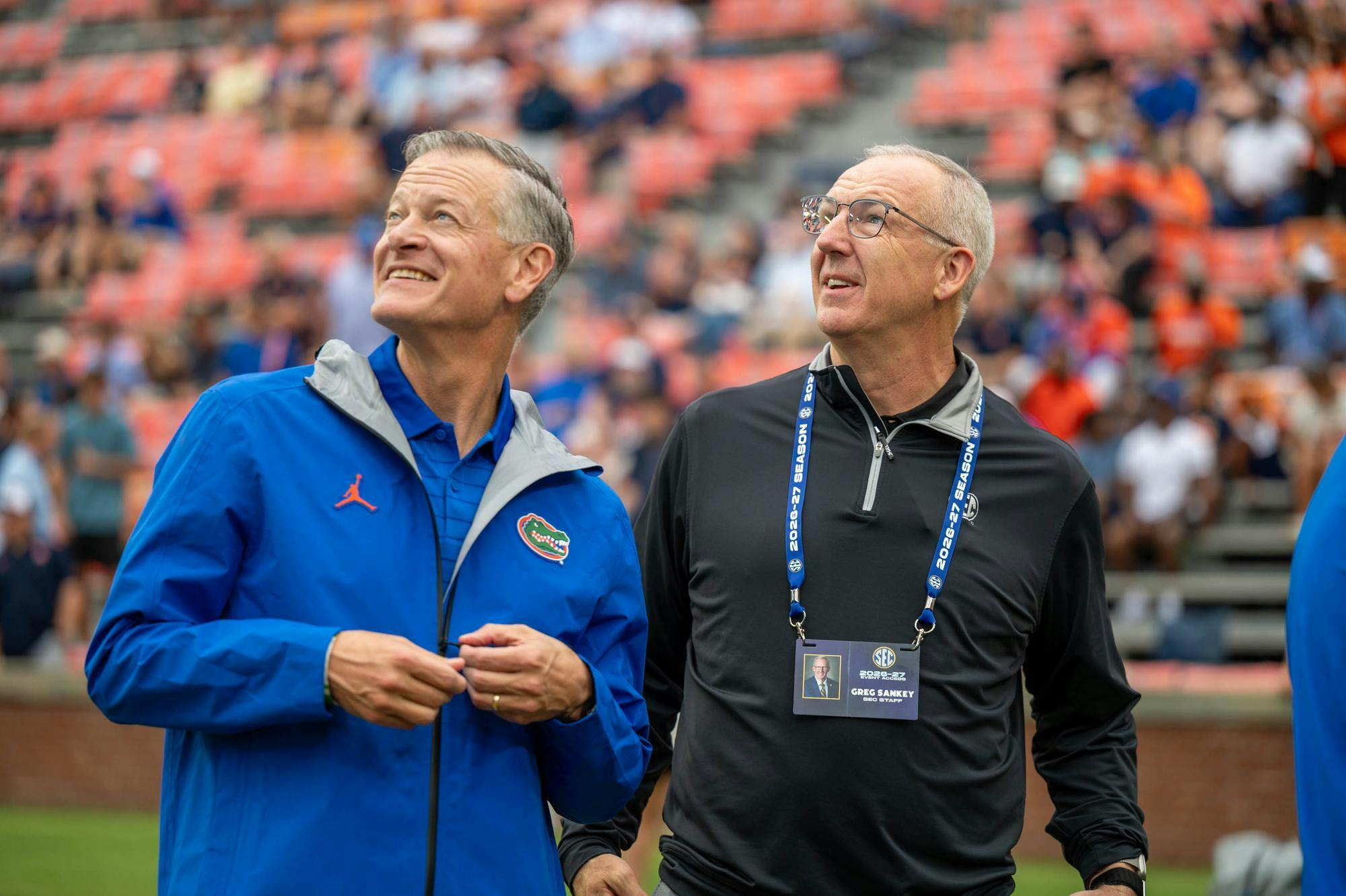 Florida athletic director Scott Stricklin and SEC Commissioner Greg Sankey talk together before the first half of an NCAA college football game against Auburn, Saturday, Sept. 19, 2026, in Auburn, Ala.