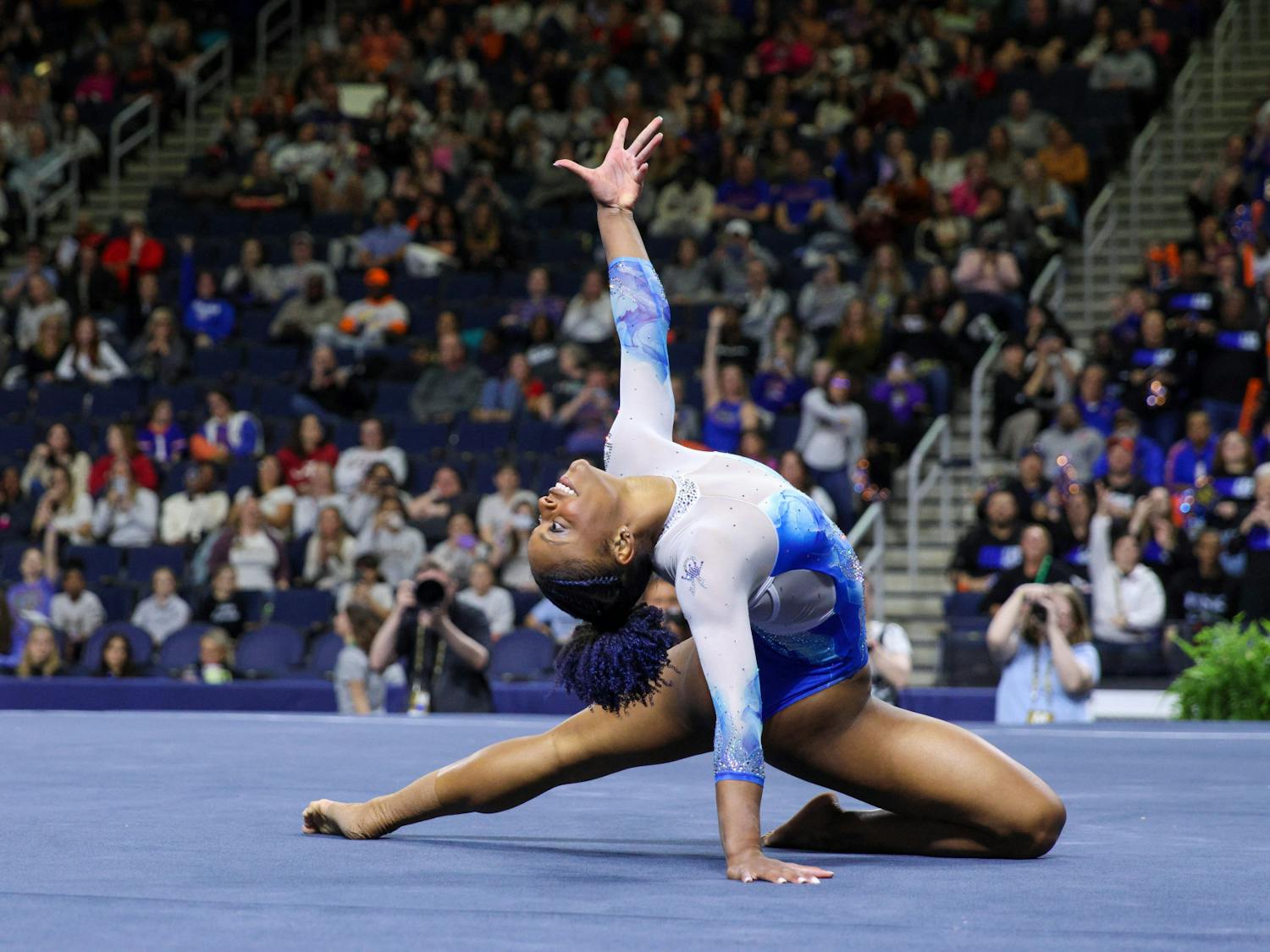 Florida graduate student Trinity Thomas performs her floor routine in the Southeastern Conference Championships Saturday, March 18, 2023. Thomas earned 10s on the floor and uneven bars during the Gators&#x27; win.