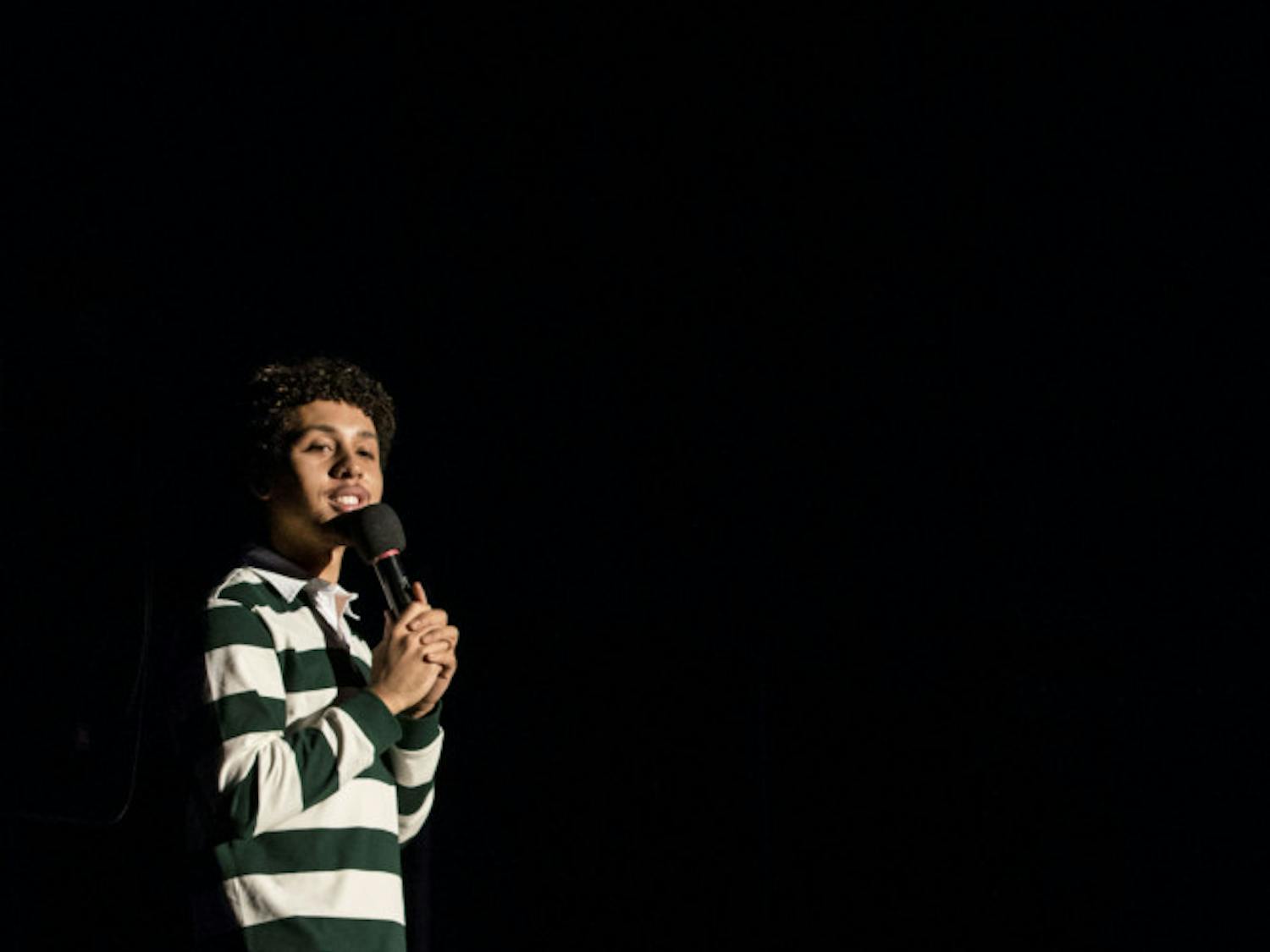 Comedian Jaboukie Young-White performs in the Reitz Union Grand Ballroom to an audience of about 450 students Monday night. He cracked jokes about getting into college, having his phone stolen and gay insects.