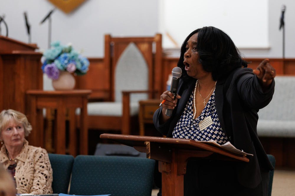 <p>Jancie Vinson speaks at a school rezoning town hall meeting hosted by the Visionaries and NAACP Alachua County branch in Gainesville, Fla., Monday, Feb. 16, 2026.</p>