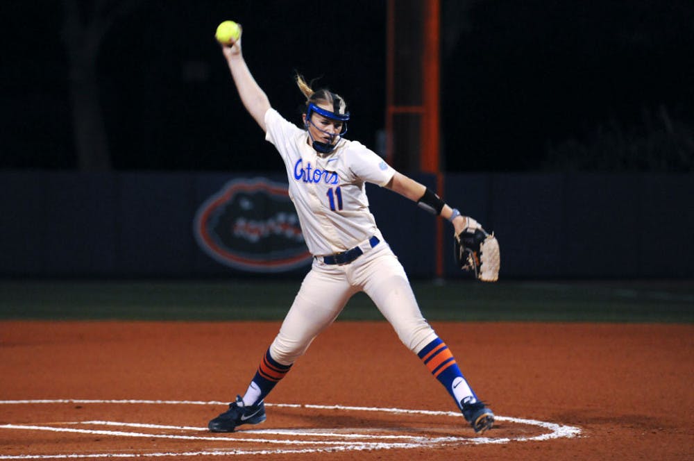 <p>Kelly Barnhill pitches during the second game of UF's doubleheader sweep of Jacksonville on Feb. 27, 2016, at Katie Seashole Pressly Stadium.</p>