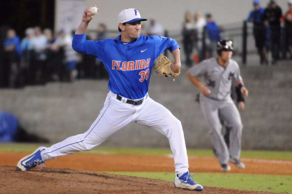 Frank Rubio pitches during Florida's 10-4 loss to Mississippi State on April 9, 2016, at McKethan Stadium.