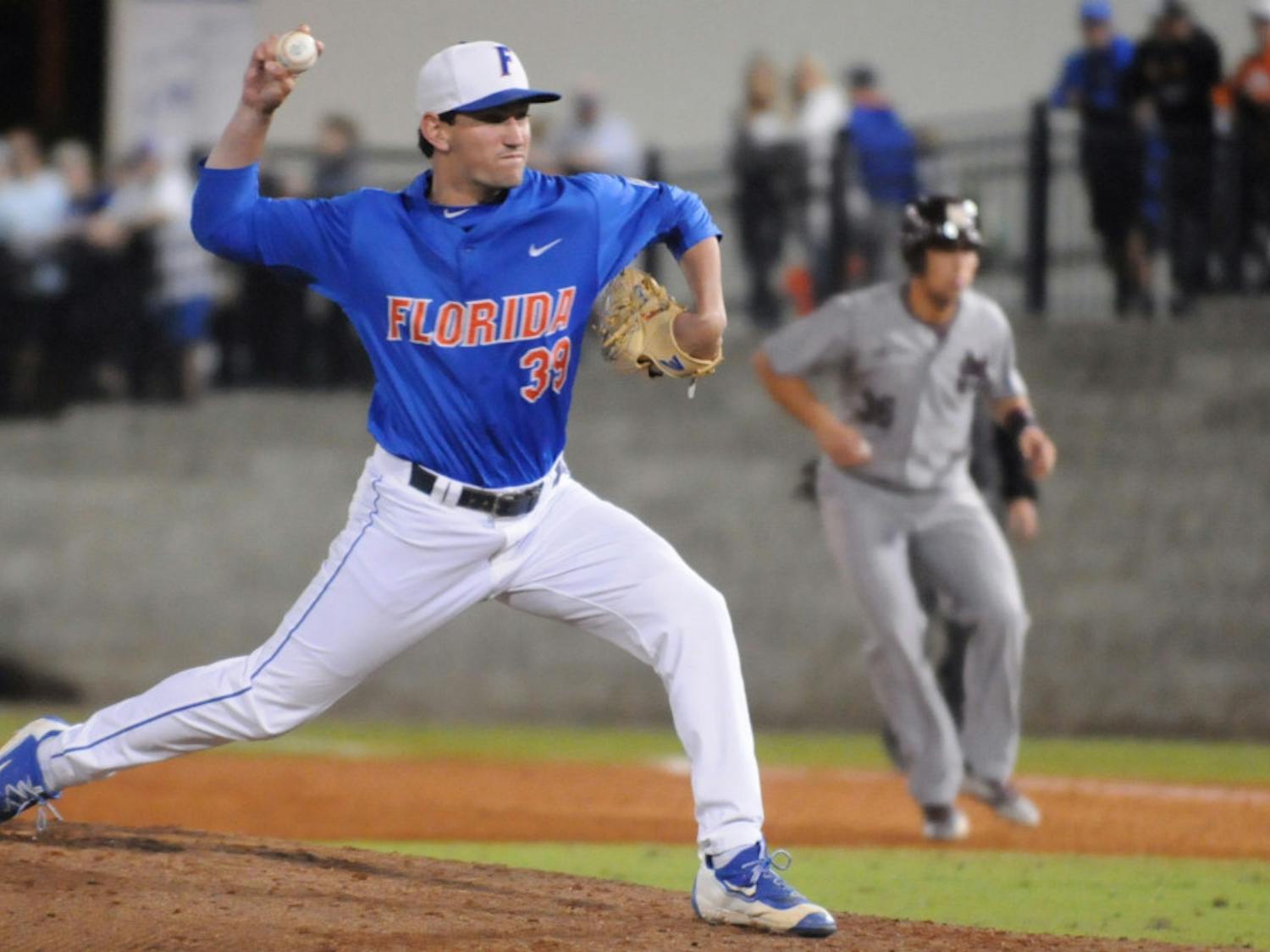 Frank Rubio pitches during Florida's 10-4 loss to Mississippi State on April 9, 2016, at McKethan Stadium.