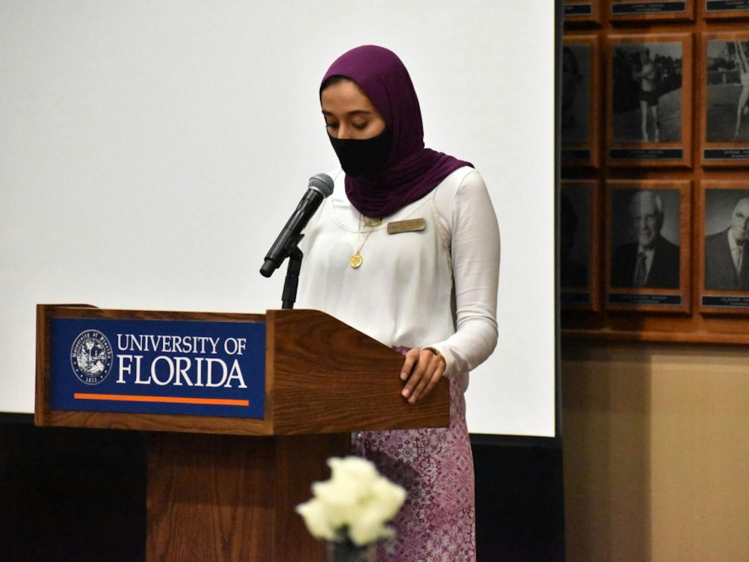 Ikrom Alajoulin, 21, UF sociology and criminology senior, and the chairperson of Islam Appreciation Month, gives an introduction speech at political activist Linda Sarsour’s speaking event, held at the Touchdown Terrace on Tuesday, Oct. 27, 2020. 