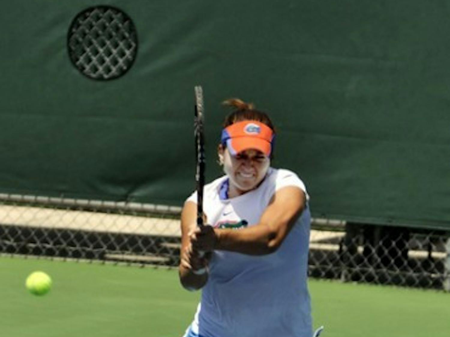 Alexandra Cercone returns a volley. Cercone propelled Florida to a 7-0 victory against South Carolina on Saturday.&nbsp;