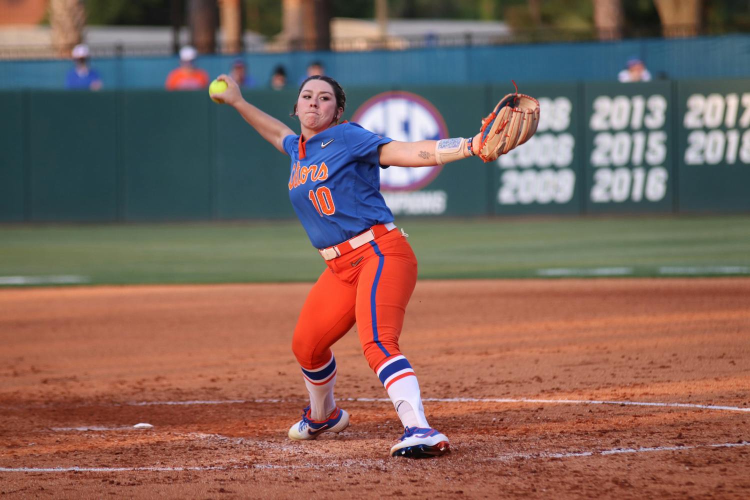 Natalie Lugo steps through and delivers a pitch against South Carolina on April 24th. Lugo delivered six scoreless innings of relief in Florida&#x27;s 7-1 victory over Oregon State Thursday.