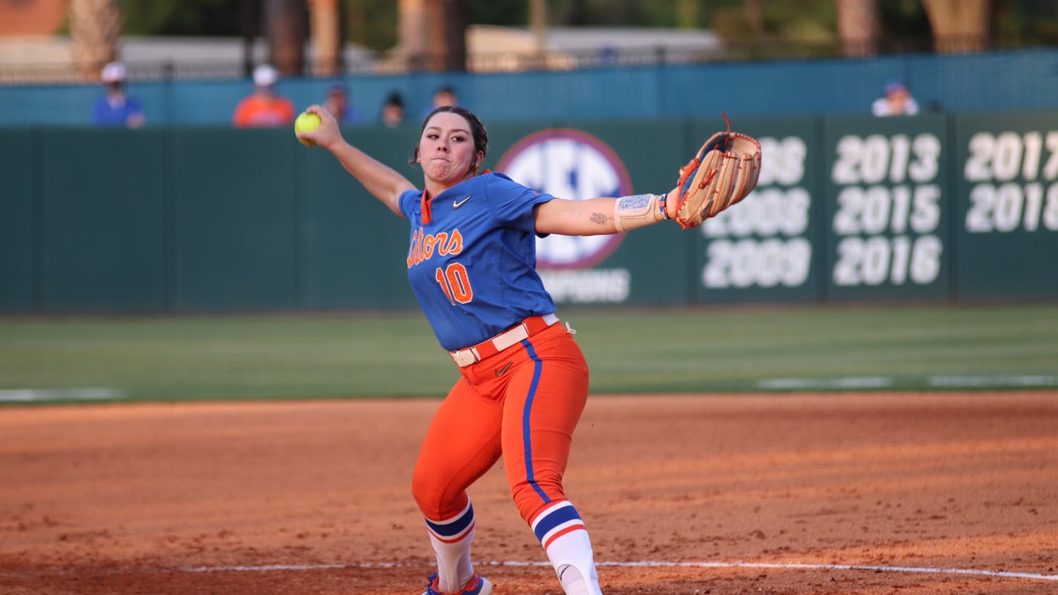 Natalie Lugo steps through and delivers a pitch against South Carolina on April 24th. Lugo delivered six scoreless innings of relief in Florida&#x27;s 7-1 victory over Oregon State Thursday.