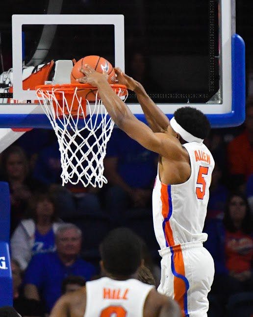 KeVaughn Allen dunks during Florida's 94-71 win over&nbsp;the University of Arkansas at Little Rock at the O'Connell Center on Dec. 21, 2016.&nbsp;
