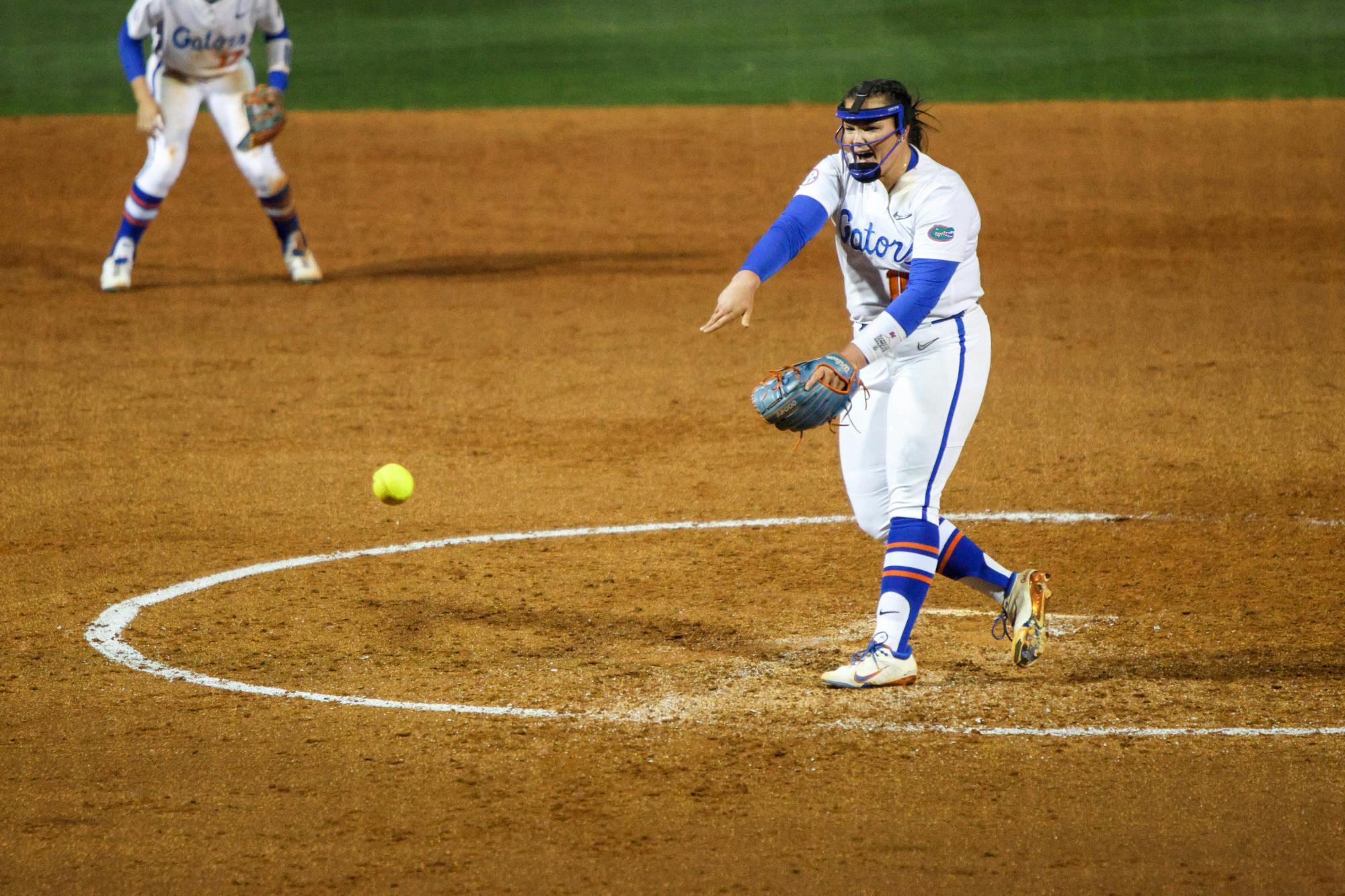 Florida pitcher Lexie Delbrey pitches the ball in the Gators' 3-0 win against the Central Florida Knights Wednesday, March 8, 2023.
